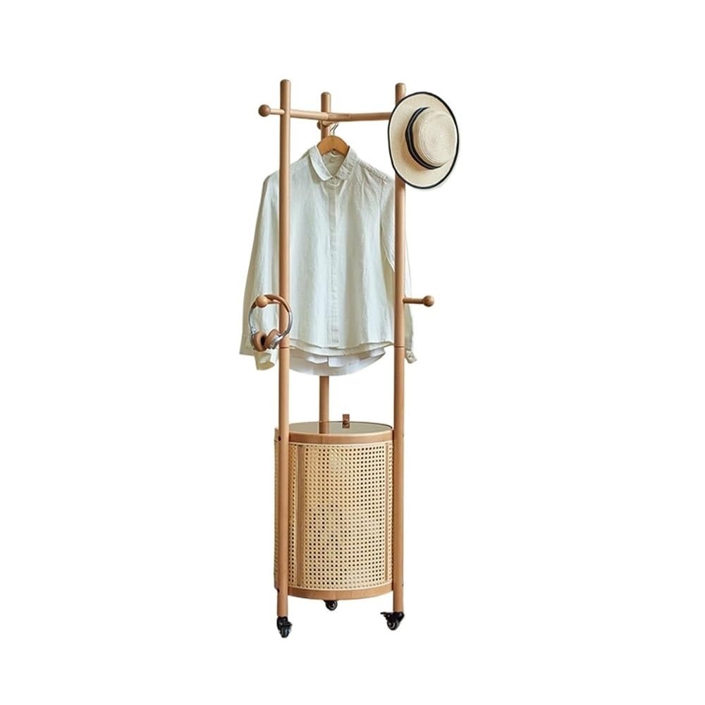AILIUXIAOYAN Coat Rack Solid Wood Coat Rack Household Movable Clothes Rack Round Rattan Dirty Clothes Basket Bedroom Floor-standing Clothes Rack(Wood Color)