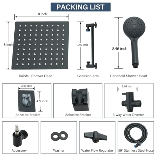 Cabezal de ducha rectangular negro mate 8 pulgadas con brazo extensible miniatura 6