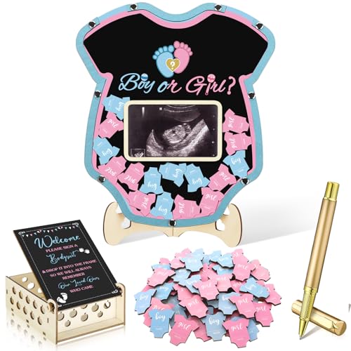 Image of Wenqik 63 Pcs Gender Reveal Baby Shower Guest Book Alternatives Set Baby Shower Decorations with Photo Frame Sonogram Frame Keepsake 60 Wood Slices Guest Book for Birthday