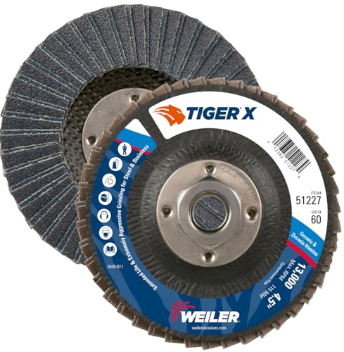 Image of Weiler 51227 Tiger X Flap Disc, Ceramic and Zirconia Alumina, Flat, Phenolic Backing, 60 Grit, 4-1 /2 inch, 5 /8-11 inch Arbor Hole (Pack of 10)