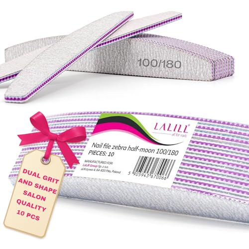 LALILL Lime à Ongles 10 Pcs. 100/180 Grain, Demi-Lune Zebra - Limes à ongles pour Gel - Modelage D'ongles Hybride, Acrylique, Polish Gel - Bilatéral, Jetable - Manucure, Buffer, Bloc, Professionnel