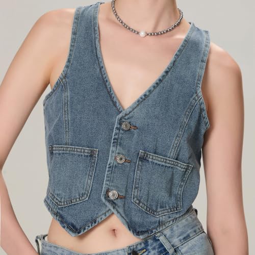Miqil Women Y2K Button Down Denim Vest Sexy Sleeveless Denim Crop Top Low Cut Strapless Jean Corset Bustier Streetwear2