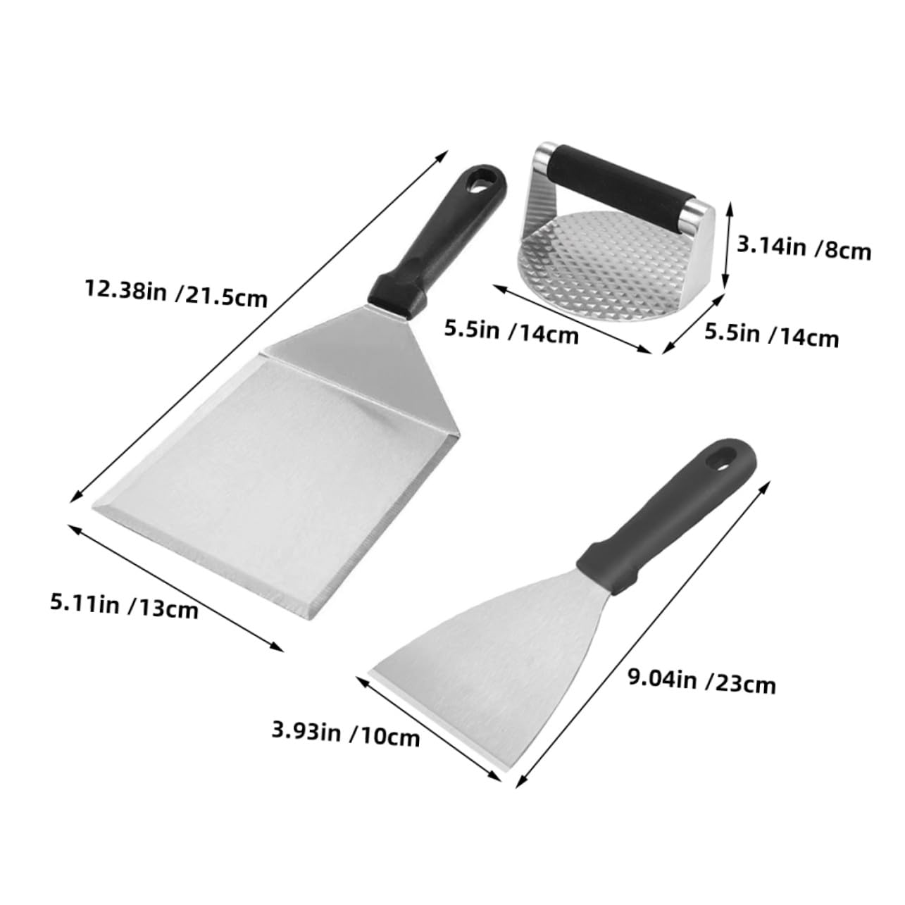 Set Utensili Barbecue in Acciaio Inox con Pressa per Carne | Impugnatura in Pp, Robusto e Non Facile da Deformare, per Cucina e Preparazione Burger