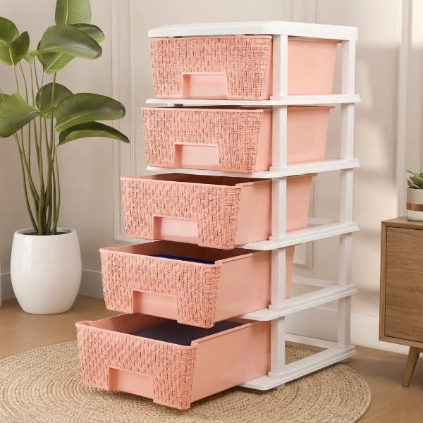 Image of Plastic Modular Drawer Storage Chest Of Drawers Organizer Storage Box, Large Stomo Racks For Multipurpose Anti-slip Shoes Organizers (Pink, 5 Layer)