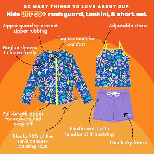 Image of SwimZip Girls' 3 Pc Swim Set w /Long Sleeve Rash Guard, Tankini & Shorts UPF 50+