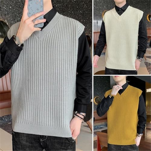 Men's Sleeveless Knitted Sweater Vest V-Neck Striped Pullover Solid Color Outwear Tops2