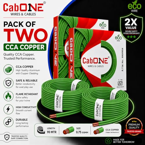 Image of CabONE 0.75 SQ.MM FR PVC Insulated Copper Electrical Wire, 90 Meter (Green, Pack of 2) | ISI Marked Fire Retardant Single Core Cable for Home Wiring