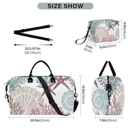 Sea Shells Stars Coral Pattern Duffle Bags for Women Men Waterproof Weekender Overnight Bags Hospital Bag Large Tote Bag with Toiletry Bag for Yoga Gym Travel Sport Hospital3