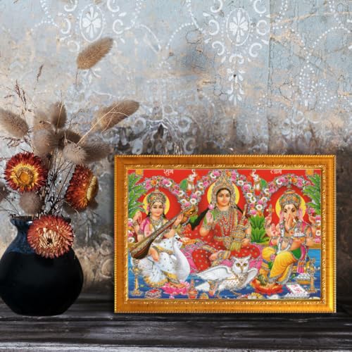 Image of CRAFT QUEST Lakshmi Devi with ganesh ji and saraswati mata Wall Painting Photo Frame for Diwali Pujan (Synthetic, Golden, Sparkle Finish, Small Size, 8 X 6 Inch)