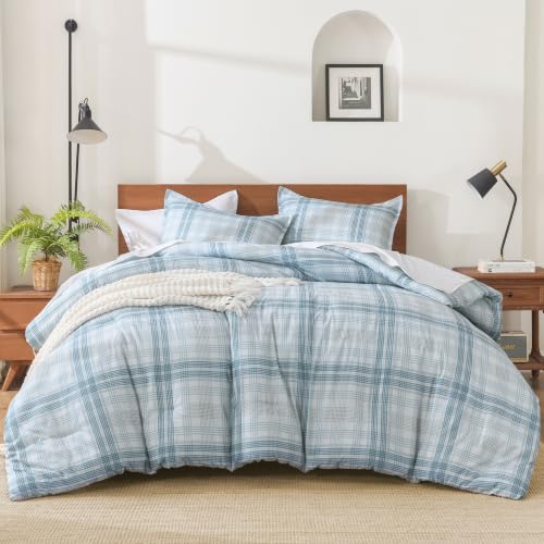 Image of Andency Blue Grey Comforter Set Full(79x90 Inch), Gingham Checkered Grid Stripes Bedding Comforter Sets for Boys Girls Kids, 3 Pieces Preppy Geometric Line Soft Lightweight Reversible Bed Set as Gift
