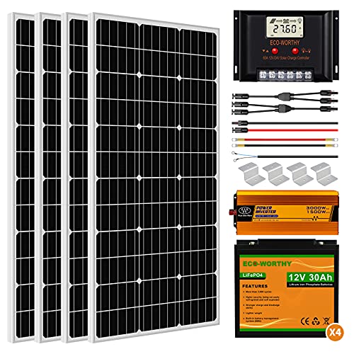 ECO-WORTHY 400W 24V Solar Power System for RV Off Grid 1.6KWH Solar Panel Kit with Battery and Inverter: 400W Solar Panels + 60A Charge Controller + 4pcs 30Ah Lithium Battery + 1500W Solar Inverter