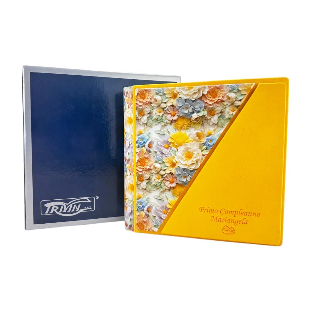 Album Fotografico Artigianale in Tessuto stampato 3D e Alcantara, Personalizzabile con Incisione, classico con velina,Matrimonio,Compleanno,Wedding,Anniversario,Comunione,eventi (Giallo/Giallo)