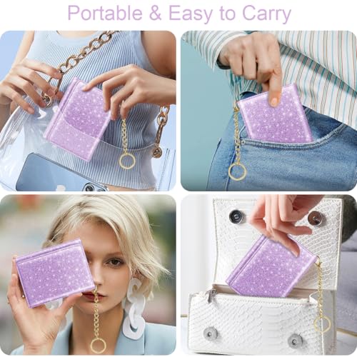 Image of Trifold Small RFID Blocking Wallet Pocket Cute Short Slim Sparkling Credit Card Holder Leather Keychain Ladies Mini Purse with ID Window, Glitter Purple
