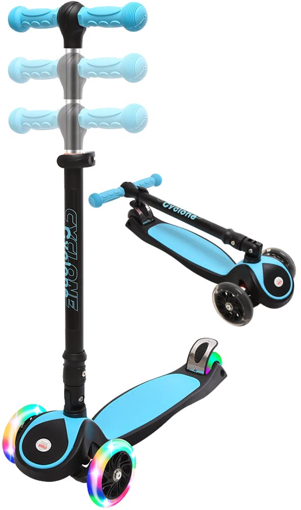 Photo 1 of ChromeWheels Scooters for Kids, Deluxe Kick Scooter Foldable 4 Adjustable Height 150lb Weight Limit 3 Wheel, Lean to Steer LED Light Up Wheels, blue