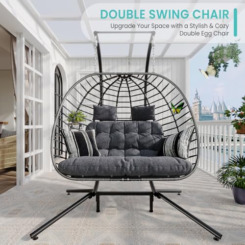 SWITTE Double Egg Swing Chair with Stand, Outdoor Patio 2 Person Hanging Wicker Hammock Chairs with Cushion for Indoor Bedroom, Lawn, Garden-Dark Grey