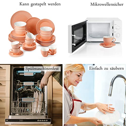 suntun Geschirrset 6 Personen, 36 teilig Porzellan Retro Orange Tafelservice Geschirr-service Kombiservice mit 6 Speiseteller, 6 Suppenteller, 6 Kuchenteller, 6 Schalen, 6 Kaffeetassen, 6 Untertassen - Image 5