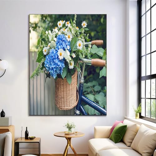 Cuadro Decorativo Realismo Flores En Lienzo, Imagen Artística Y Posters Bicicleta Cesta De Flores, Para Hogar Oficina Salón, 60×90 cm Sin Marco