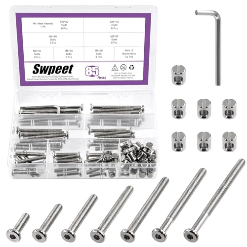 Swpeet 85Pcs M6 20/30/40/50/60/70/80mm Kit de tornillos niquelados con cabeza hexagonal, tapa de cuna, pernos para cuna de bebé y tuercas de barril con 1 pieza de llave Allen. Perfecto para muebles