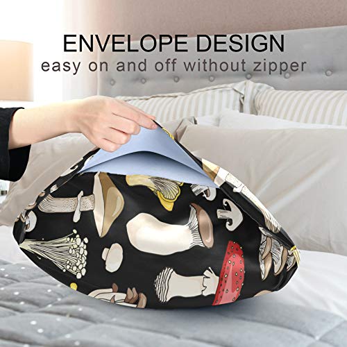 Oyihfvs Different Mushrooms And Toadstools On Black Silky Satin Pillowcase For Hair And Skin, Soft Breathable Bed Pillow Cover, Decorative Silk Pillow Cases, Standard Size 20X26 Inches #TOP6