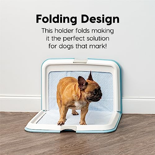 Image of IRIS USA Pee Pad Holder for Dogs and Puppies, Potty Training Tray with Secured Latches, Non-Skid Feet, Leak Protection, Easy Clean Surface, Fits 28 inchx 34 inch Puppy Pads Size or Larger, Blue