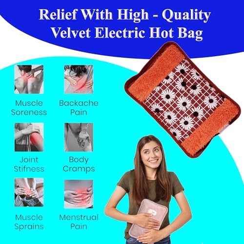 Image of Electric hot water bag |electric hot water bag for periods pain relief | Hot gel bag electric | Electric hot pack for back pain | Reusable electric heating pad | Electric heating pad for men and women (Brown with flower)
