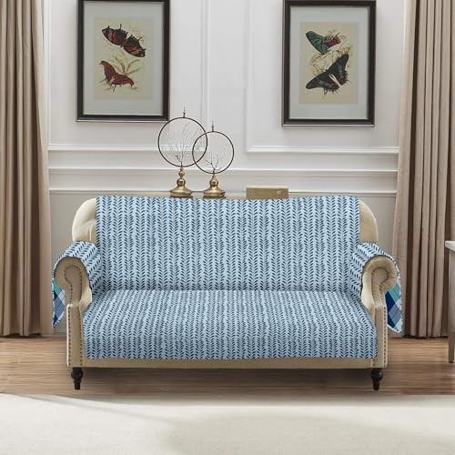Image of Amazon Basics Printed Quilted Reversible Sofa Topper | 2 Seater | 120Cm X 175Cm | 325 GSM | Color - Navy Blue, Polyester Blend