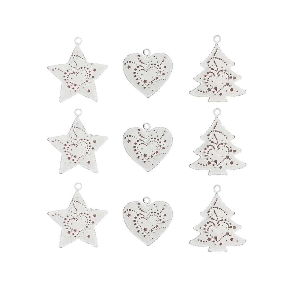 Generic 9 Pieces Metal Star, Tree, Heart Hanging Wall Decor for House, Iron Vintage Wall Arts and Crafts, Christmas Indoor Outdoor Decorations (White, 1.5~2 Inch)