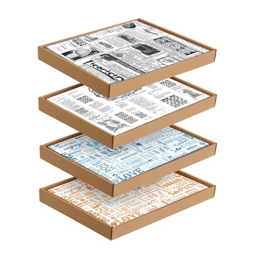 Hostelnovo - 500 Piezas Papel Antigrasa Multicolor 30 x 20 cm - Hamburguesas, Kebab, Papas Fritas, Sandwich - Patrón Parole Naranja, Azul, Periódico Blanco y Ajedrez Blanco