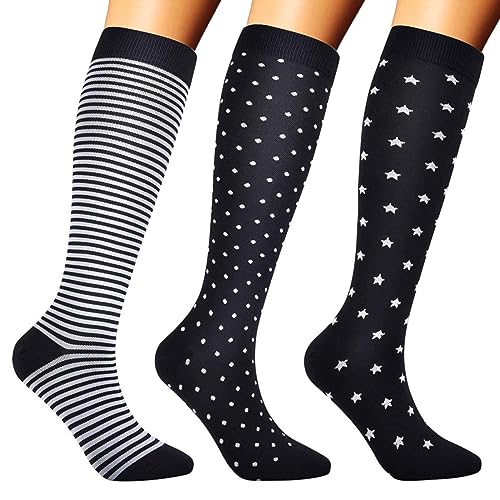 3 pares de medias de compresión para mujer pequeñas para hombres y mujeres, calcetines de apoyo coloridos para deportes, vuelo, correr, viajes, ciclismo, medias de compresión grandes, Negro, L