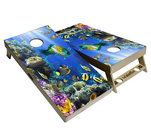 Ocean Fish Aquarium - Premium Cornhole Boards w Cupholders and a Handle - Includes 2 Regulation 4' x 2' Cornhole Boards w Premium Birch Plywood and 8 Cornhole Bags (16)