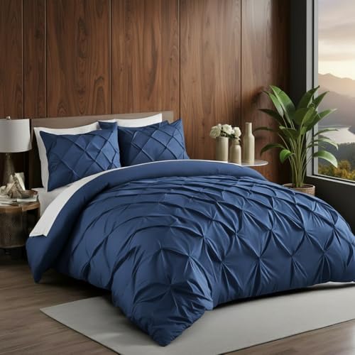 Image of Pinch Pleated Duvet Cover Set 1000TC 100% Cotton Premium 3-Pieces 1-Duvet Cover & 2-Pillow Cover Luxury Look Home and Hotel Zipper & 8-Tie Closure (Medium Blue, Queen 90 X 90 Inch)