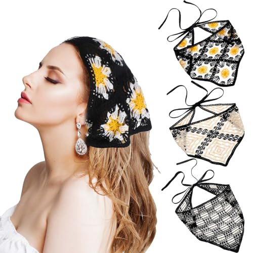 3 Pcs Crochet Bandanas Floral Crochet Head Scarf Vintage Hair Bandanas Tie Knotted Headscarf for Women's Hair Headband Kerchief Styling Decor
