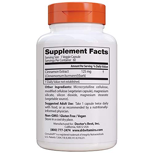 Doctor's Best Cinnamon Extract Cinnulin Pf, Non-Gmo, Vegan, Gluten Free, Helps Maintain Blood Sugar Levels, 125 Mg, 60 Veggie Caps (Drb-00130) #TOP1