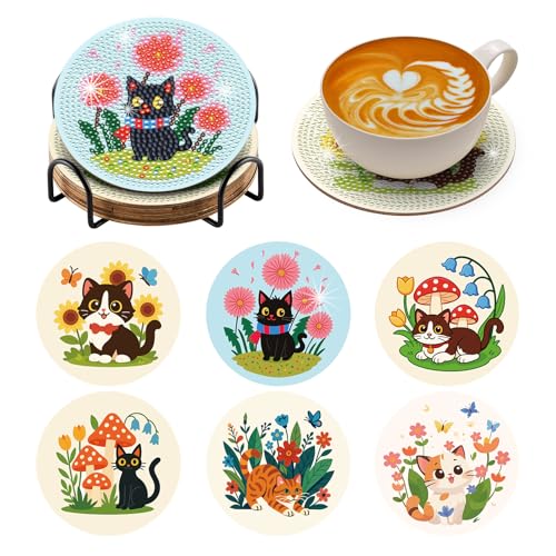 BNG Juego de 6 posavasos de gato con pintura de diamantes para adultos, kits de pintura artística para mujeres, principiantes, suministros de manualidades con diamantes