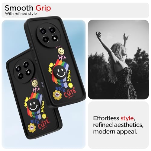 Image of Pikkme Back Cover for Realme 13 Pro / 13 Pro Plus 5G | Soft Silicone| Cute Rainbow Smile & 3D Cartoon Flower Design | Shockproof Raised Camera Protection Bumper Case (Black)