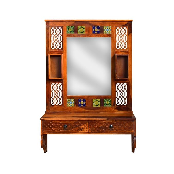 Image of Sheesham Wood Full-Length Dressing Mirror with 2 Drawers | Compact Decorative Standing & Wall Hanging Mirror for Bedroom, Hallway, Entryway | Natural Honey Finish Wooden Frame