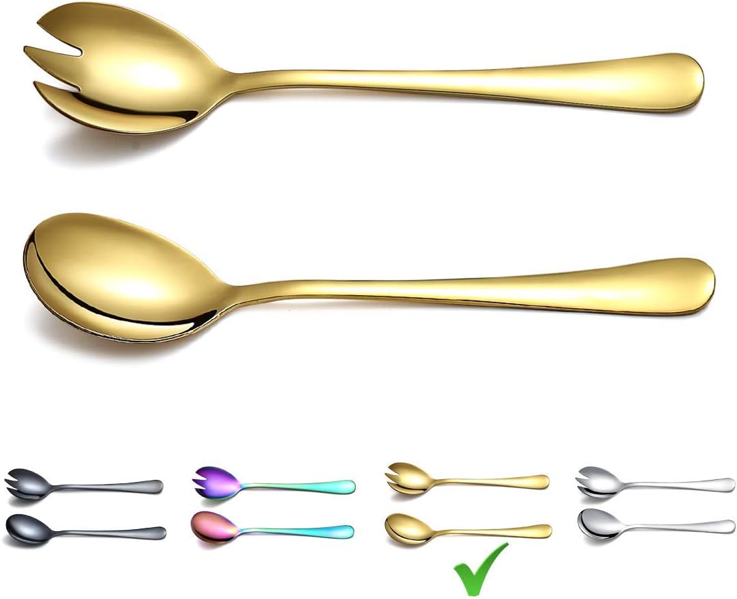 Gold Salad Server Set, Berglander Stainless Steel Salad Serving Set With Titanium Plating, Salad Servers, Salad Spoon, Salad Fork, Pack of 2 (Shiny Gold)