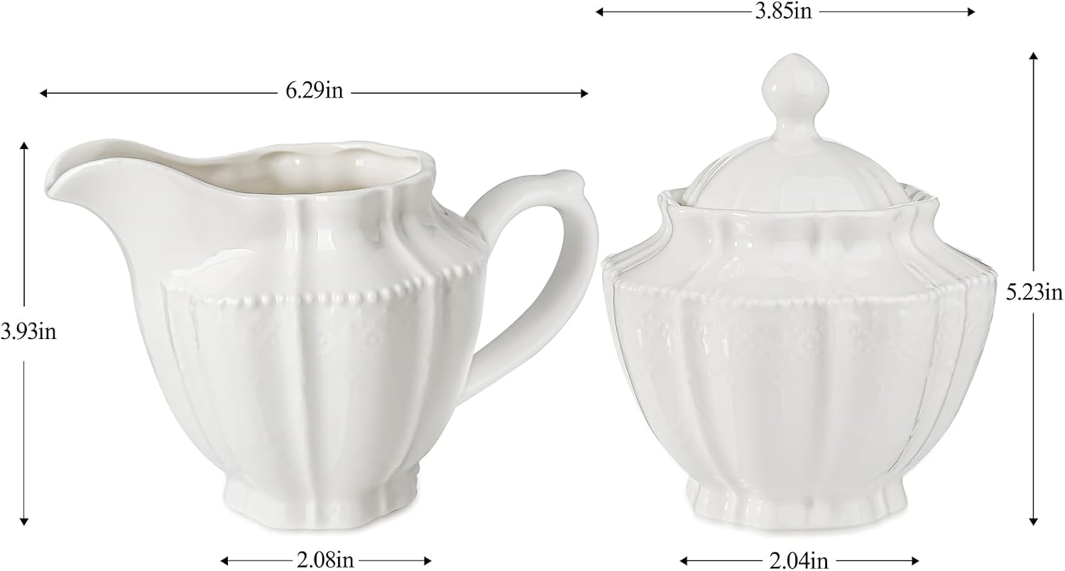 Sugar and Creamer Set,Ceramic Sugar Bowl with Lid and Cream Pitcher,Coffee Serving Set for Bar Home Kitchen Office (White, 10oz)