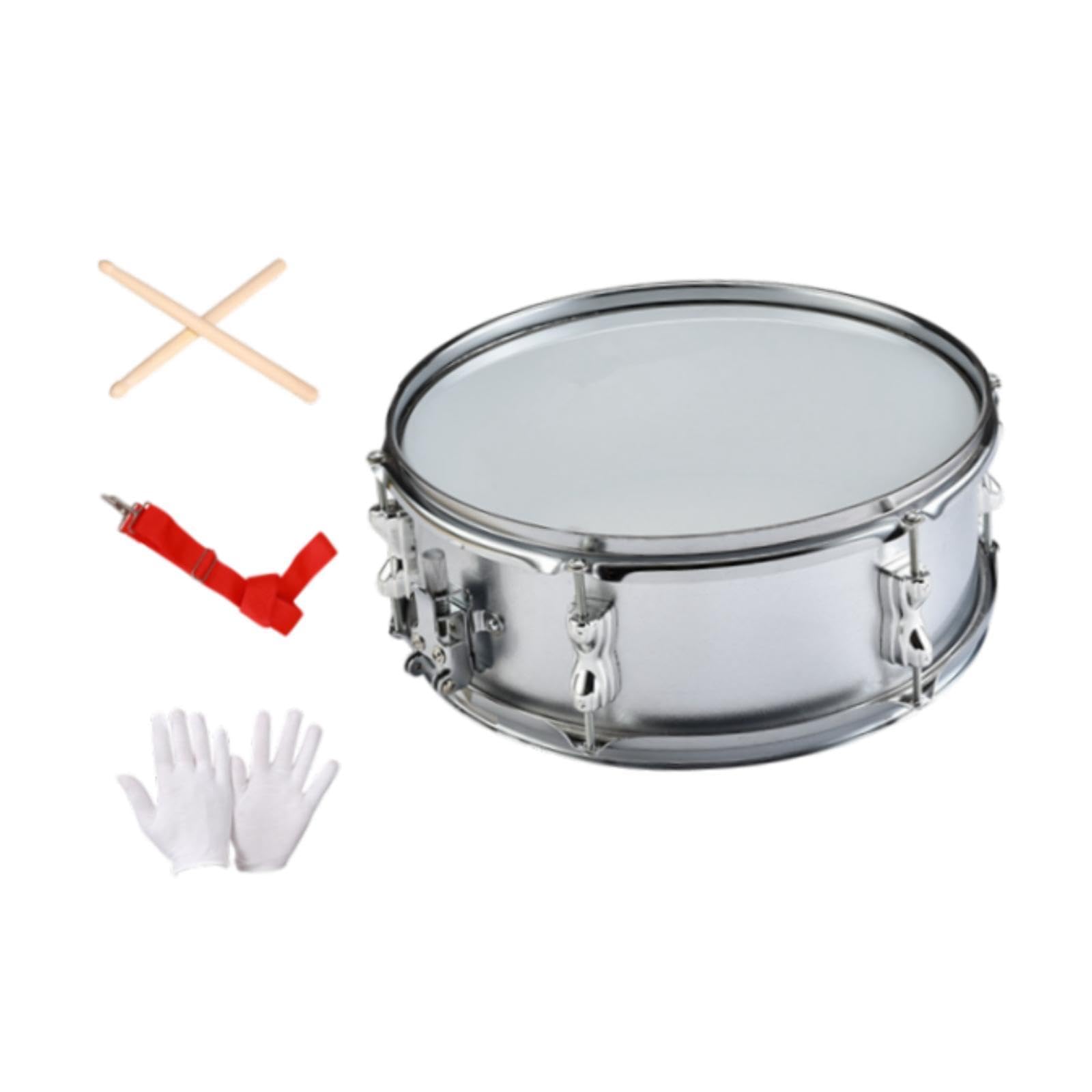 Generic Snare Drum de Percusión para Estudiantes Incluye Tambor Correa Ajustable Baquetas Y Guantes Fabricados en Acero Inoxidable Y Poliéster Adecuado para F, Silver 14 Inch