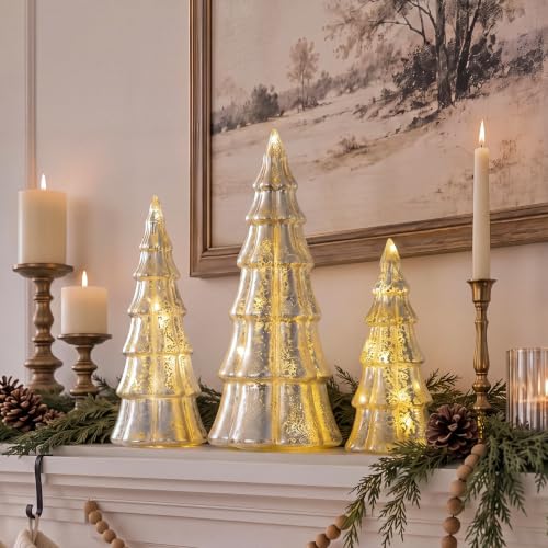 3 Pcs Silver Lighted Mercury Glass Christmas Trees for Table - Image 4