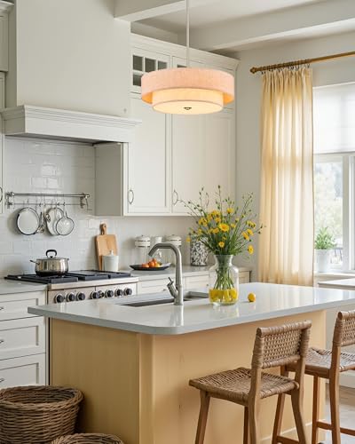 Image of VONLUCE 18 inch Modern Drum Chandelier, 4-Light 2-Tier Linen Pendant Light