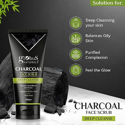 Image of Globus Naturals Anti Pollution & Anti Acne Charcoal Face Scrub, Detox & Deep Cleanse Formula, Fights Pollution and De-Tans skin, For Men with Oily & Acne Prone Skin, 100 gms