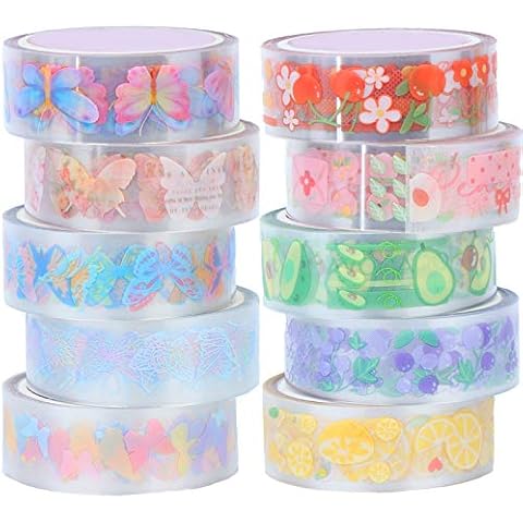 10 Rolls Waterproof Plastic Tape Cute 15mm Wide Self-Adhesive Tape Butterfly and Fruits Pattern Masking Clear Printed Sticker Lovely Gift for Scrapbook, Bullet Journal, Planner, Arts & Crafts-65.6 Ft Cover