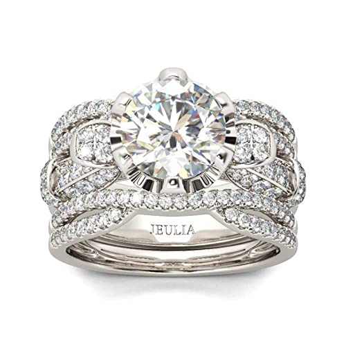 Jeulia Vintage Wedding Bridal Ring Set:Sterling Silver Round Cut Halo Diamond Engagement Band for Women Best Anniversary Promise Valentines Jewelry Gift with Box