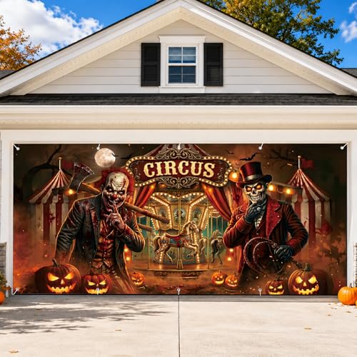 16 x 7 FT Halloween Horror Circus Garage Door Cover Spooky Carnival Clown and Skull Ringmaster Garage Banner with Carousel and Pumpkins for Haunted House Outdoor Decorations