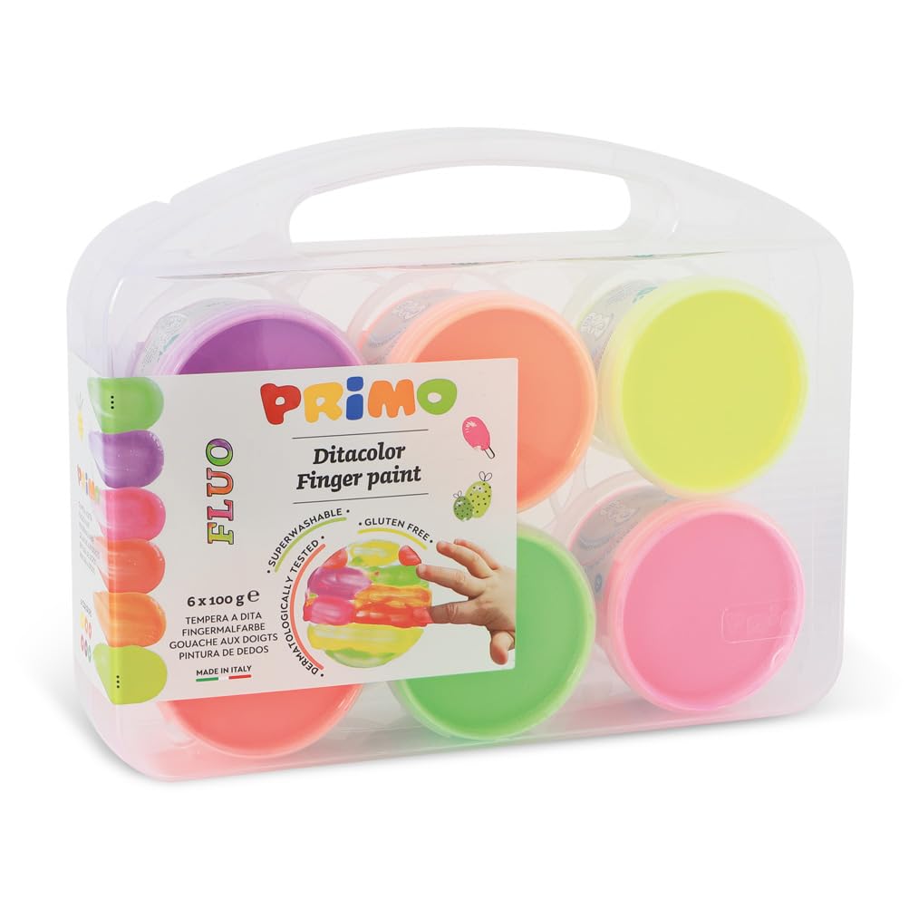 PRIMO – Malkoffer für Kinder ab 2 Jahren, Kleinkindalter, Fingermalfarben 100g mit 6 Fluofarben für Papier, Glas, Temperamalerei, Schreibwaren und Kreative Arbeiten, Dermatologisch Getestet