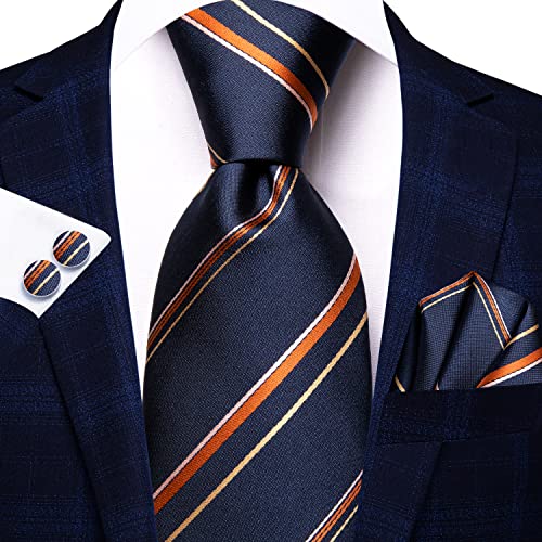 Image of Hi-Tie Men Ties Sets Silk Stripe Paisley Necktie Pocket Square Cufflinks for Business Wedding