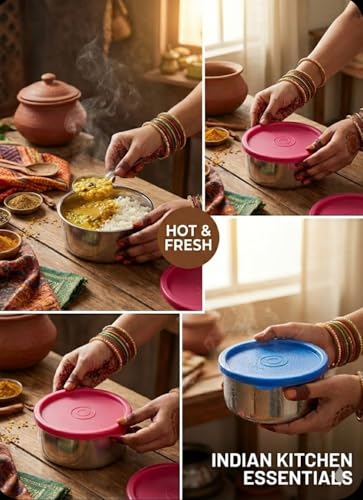 Image of Stainless Steel Food Storage Containers, Set of 4, 250ml each, Airtight Lids, Compact Kitchen Boxes for Snacks and Meal Prep, colors may vary of lids