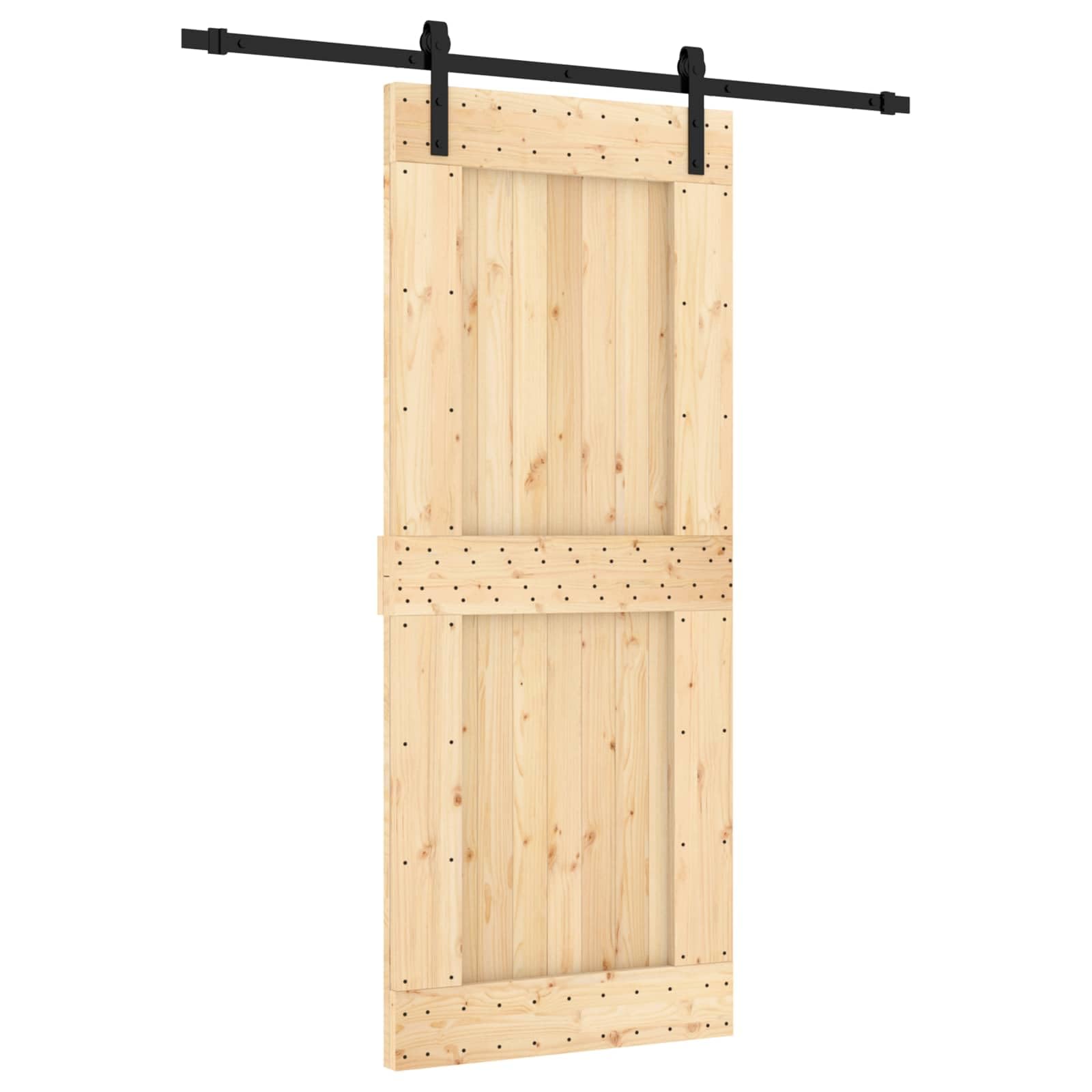 Porta scorrevole in legno di pino, 85 x 210 cm | Meccanismo superiore scorrevole, acciaio verniciato a polvere, salvaspazio, naturale