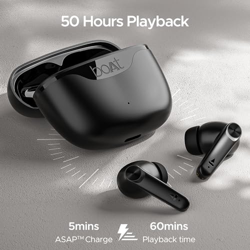 Image of Boat Airdopes 207 TWS in Ear Earbuds with 50 Hrs Playtime, Quad Mics with Enx Tech, ASAP Charging, Iwp Tech, Beast Mode with 50 Ms Low Latency, Bluetooth V5.3, USB Type-C Port & Ipx5(Carbon Black)